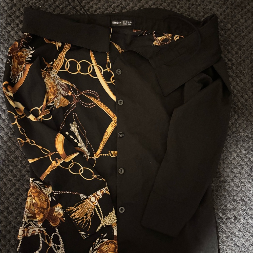SHEIN Black and Gold Chain Print Blouse